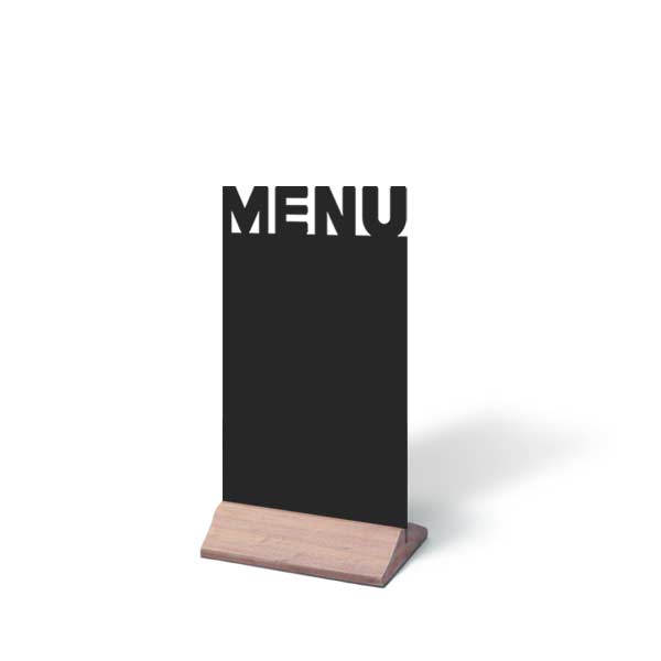 Menu de table ardoise sur socle bois pour restaurant avec texte menu