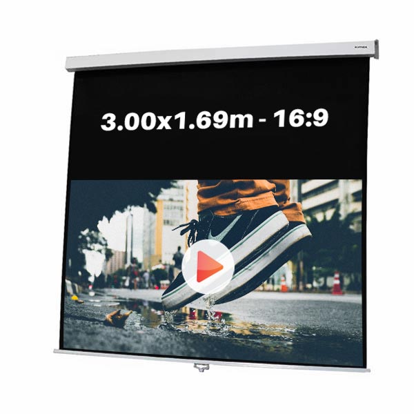 Ecran de projection manuel pour video projecteur, format 3,00 x 1.69 m , ecran 16/9