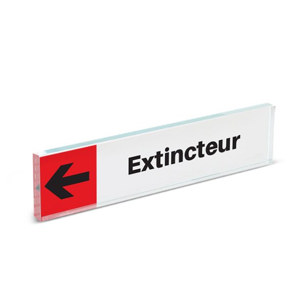 Plaque de porte plexiglass pictogramme extincteur gauche, format 40 x 170 mm