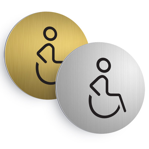 Plaque de porte ronde aluminium brossé pictogramme toilettes handicapés