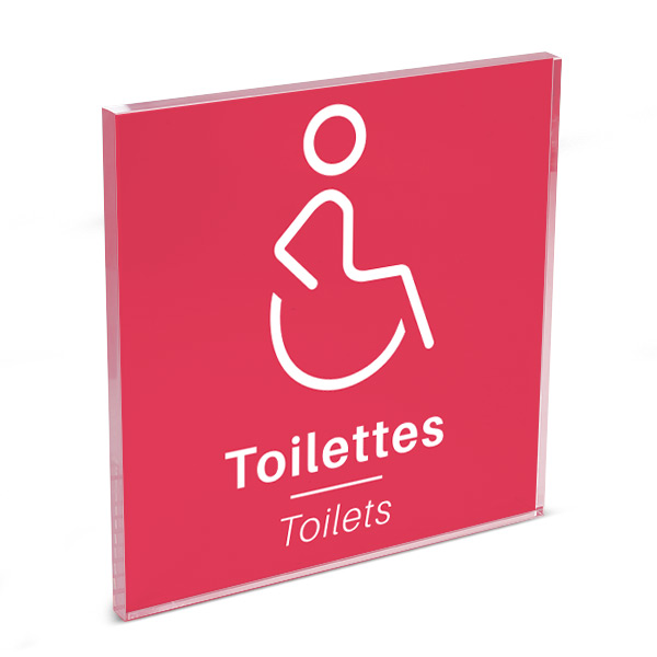 Plaque de porte plexi color uni rouge picto toilettes handicapés 120 x 120 mm
