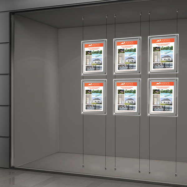 Kit affichage vitrine lumineux sur cables, 3 colonnes 2 A3