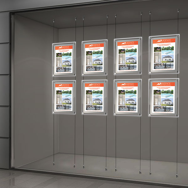 Kit affichage vitrine lumineux sur cables, 4 colonnes 2 A3