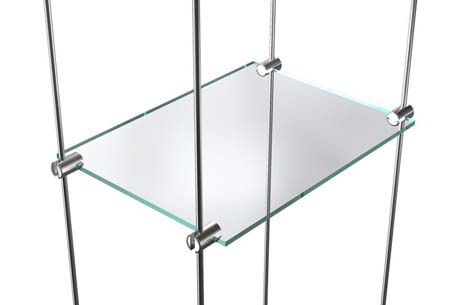 Exemple de suspension de tablette en verre sur tige inox