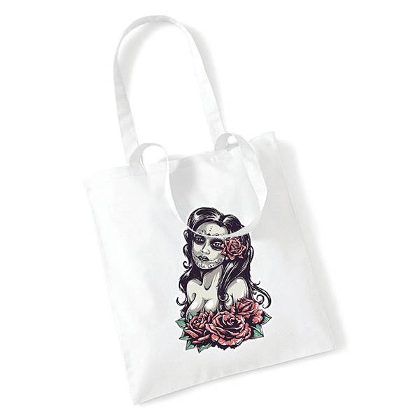 Sac tissu personnalisé, 100% coton 140g ,format  38x42 cm , anse 67cm, motif femme calavera