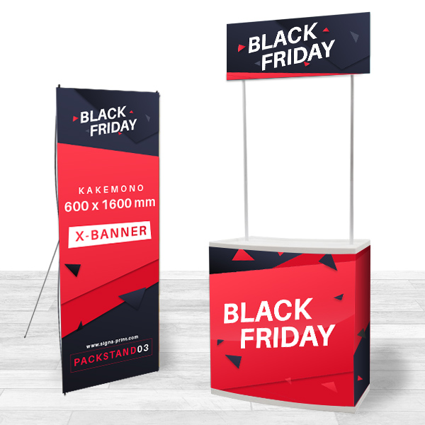 Stand publicitaire pack avec 1 x-banner et 1 comptoir d'accueil PVC, ref 3