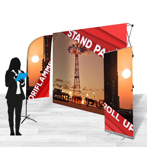 Pack stand publicitaire comprenant 1 stand parapluie, 1 roll up personnalisé et 1 drapeau publicitaire , ref 19