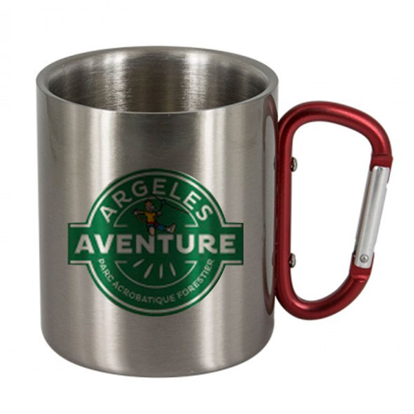 Mug inox mousqueton rouge avec impression personnalisée, hauteur 9 cm