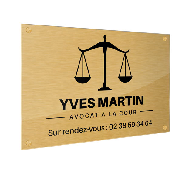 Plaque professionnelle Avocat à la cour, effet brossé doré 30 x 20 cm avec caches vis 