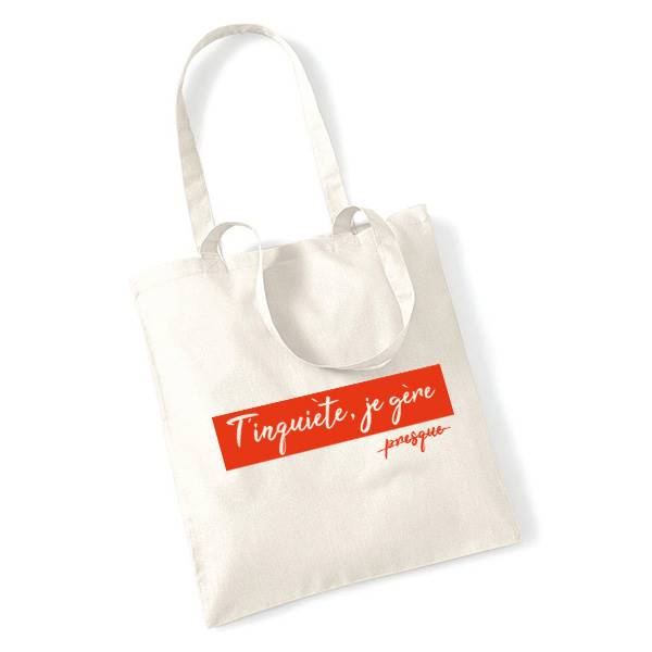 Sac tissu personnalisé, 100% coton 140g ,format  38x42 cm , anse 67cm, motif  T'inquietes je gere