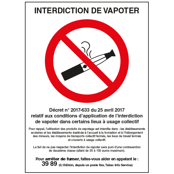 Panneau interdiction de vapoter avec texte reglementaire, prix degressif