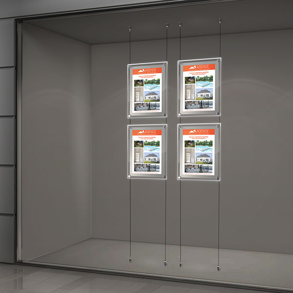 Kit affichage vitrine lumineux sur cables, 2 colonnes 2 A3