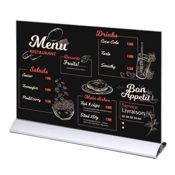 Porte menu plexiglas horizontal avec socle en aluminium : A5 ou A4