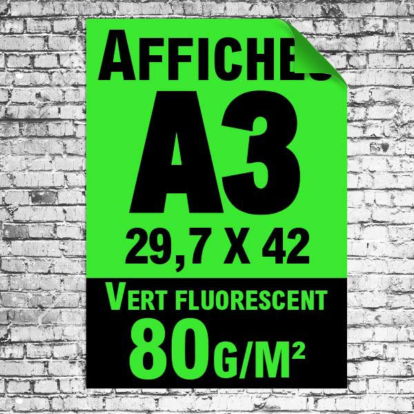 Affiche fluorescente verte A3 recto impression noire, à partir de 5 unités