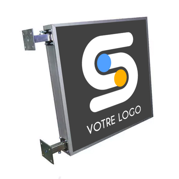 Enseigne drapeau double face lumineuse avec marquage personnalisé 600x600  mm, epaisseur 100 mm