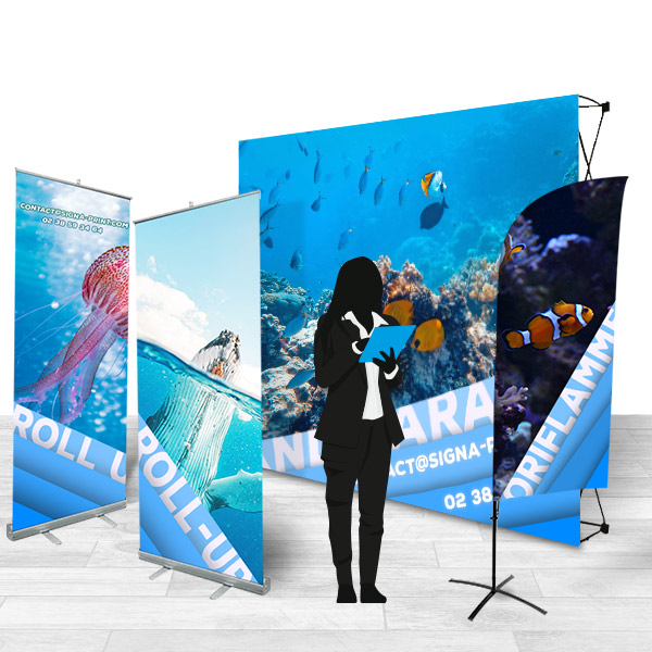 Pack stand publicitaire comprenant 1 stand parapluie, 2 roll up personnalisé et 1 drapeau publicitaire , ref 20