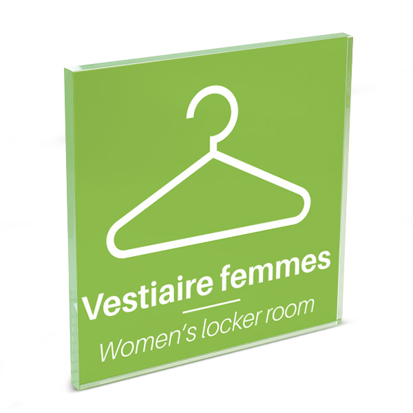 Plaque de porte plexi color uni vert picto vestiaire femme 120 x 120 mm