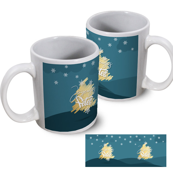 Mug publicitaire Noël Joyeuses fêtes bleu céramique blanc impression couleur panoramique