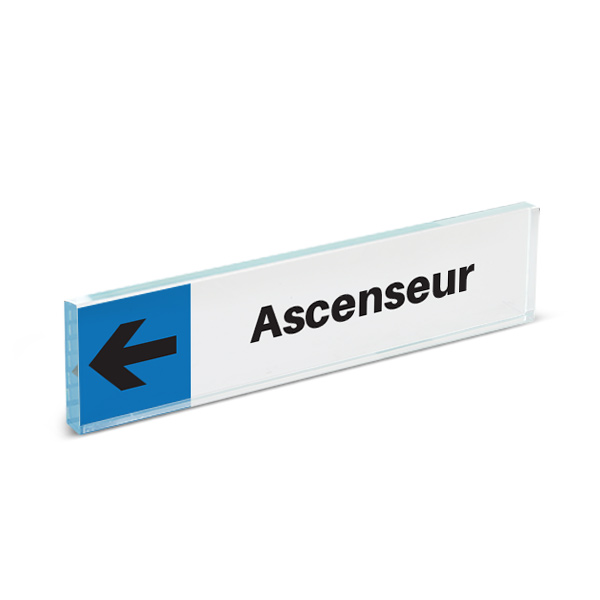 Plaque de porte plexiglass pictogramme ascenseur à gauche, format 40 x 170 mm