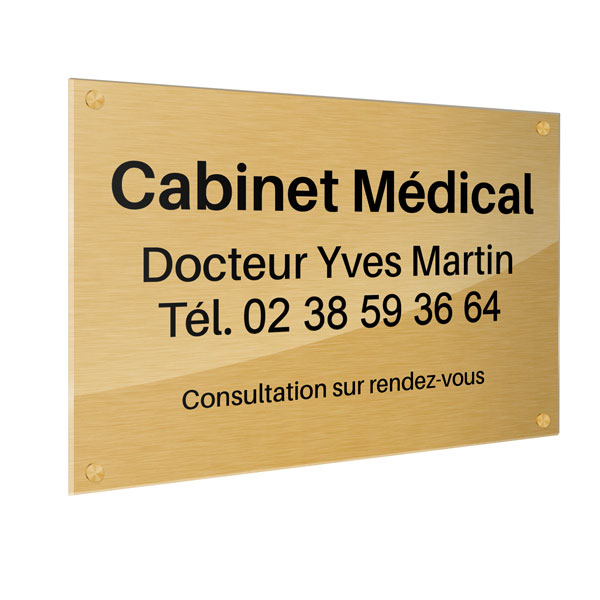 Plaque professionnelle Cabinet médical, effet brossé doré 30 x 20 cm avec caches vis 