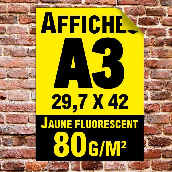 Lot affiche fluo jaune A3 recto impression noire, à partir de 5 unités