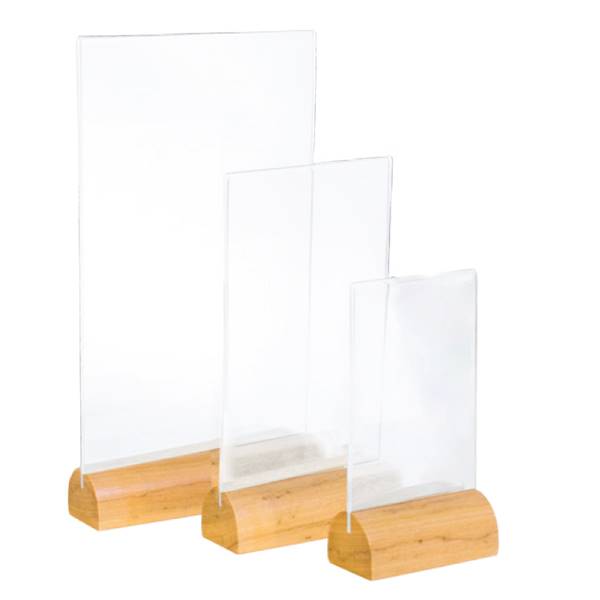 Porte menu plexi 2 mm , socle bois arrondi, version portrait , lot de 10