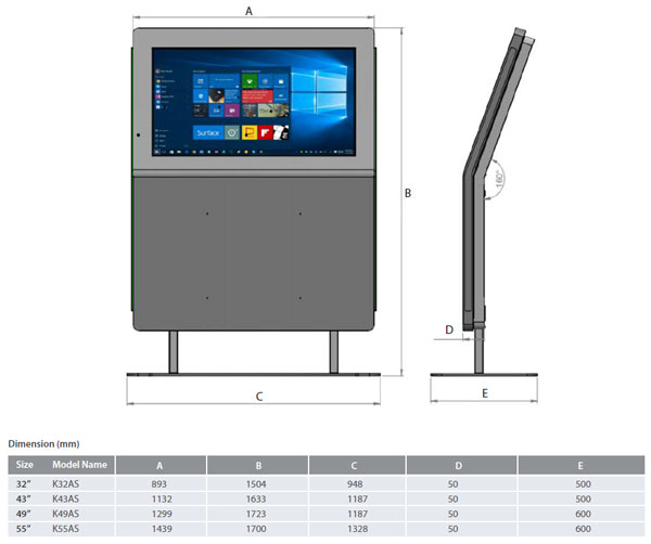 Dimensions totem vidéo tactile multi touch