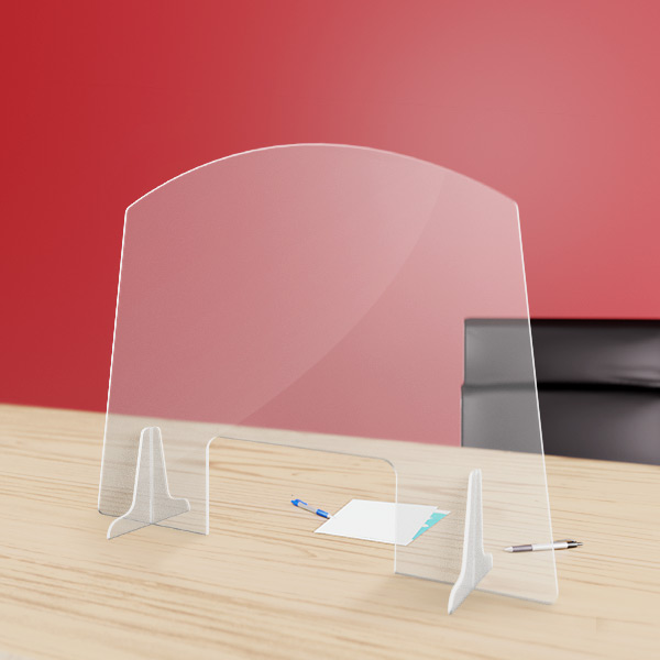 Hygiaphone trapèze protection plexiglas 3 mm pour bureau avec passe document, format 963 x 750 mm