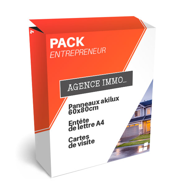 Pack entrepreneur pour agence immobiliere, panneau akilux, tête de lettre, carte de visite discount
