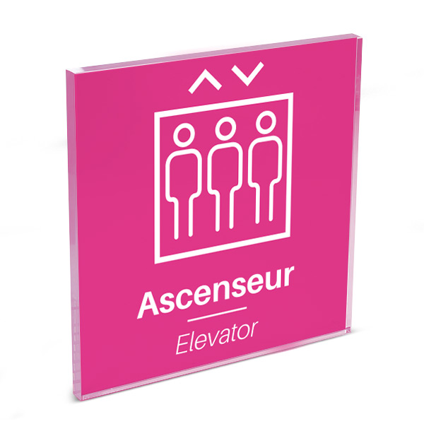 Plaque de porte plexi color uni rose picto ascenseur 120 x 120 mm