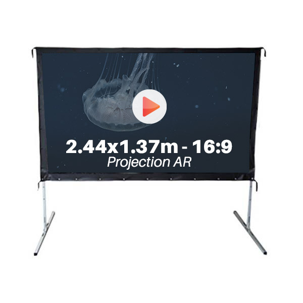 Ecran de projection avec valise pour video projecteur, format 2,44 x 1,37 m , ecran 16/9