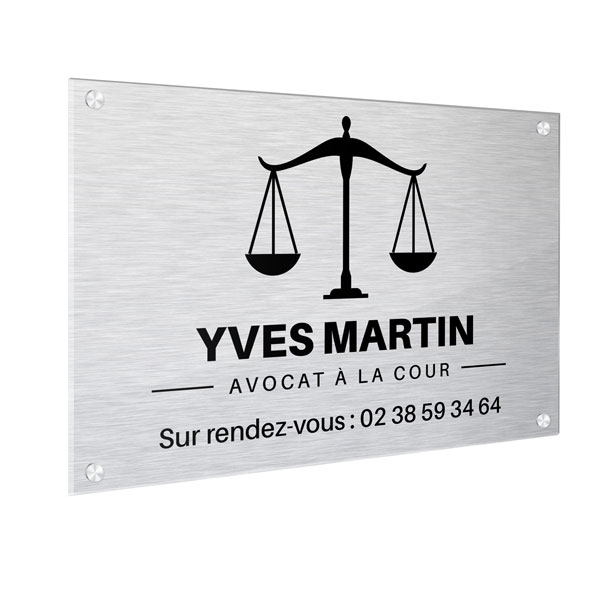 Plaque professionnelle Avocat à la cour, aluminium brossé gris 30 x 20 cm avec caches vis alu