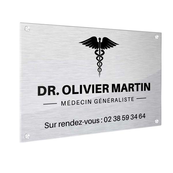 Plaque professionnelle Médecin Généraliste, aluminium brossé gris 30 x 20 cm avec cachers vis alu
