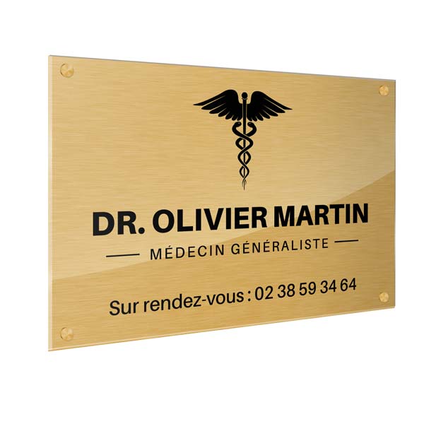 Plaque professionnelle Médecin Généraliste, effet brossé doré 30 x 20 cm