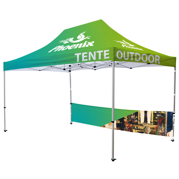 Tente publicitaire personnalisée 4.5 x 3 m, impression full graphic, 1 demi mur large