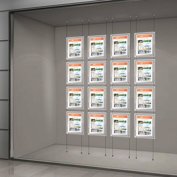 Kit affichage vitrine lumineux sur cables, 4 colonnes 4 A4