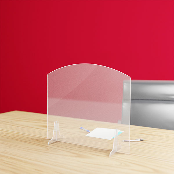 Hygiaphone arrondi protection plexiglas 3 mm pour bureau, format 600 x 617 mm