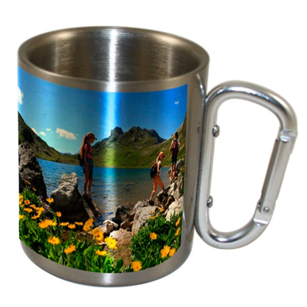 Mug inox mousqueton avec impression personnalisée, hauteur 9 cm