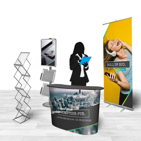 Stand publicitaire pack avec 1 comptoir publicitaire, 1 roll up personnalisé, 2 portes brochures, ref 9