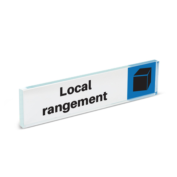 Plaque de porte plexiglass pictogramme local rangement, format 40 x 170 mm